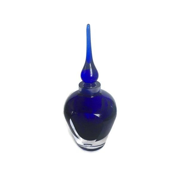 STUDIO ART GLASS Crystal Perfume Bottle Hand Blown Stopper Clear Over Cobal Blue - Picture 3 of 10